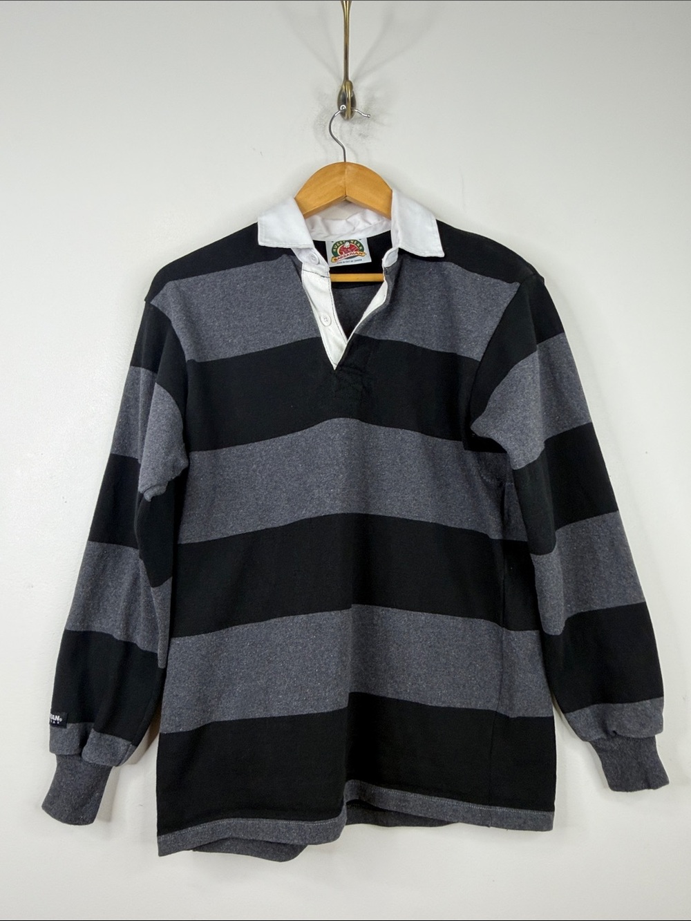 Barbarian Rugby Shirt Mens Small Gray Black Striped Polo Long Sleeve Preppy